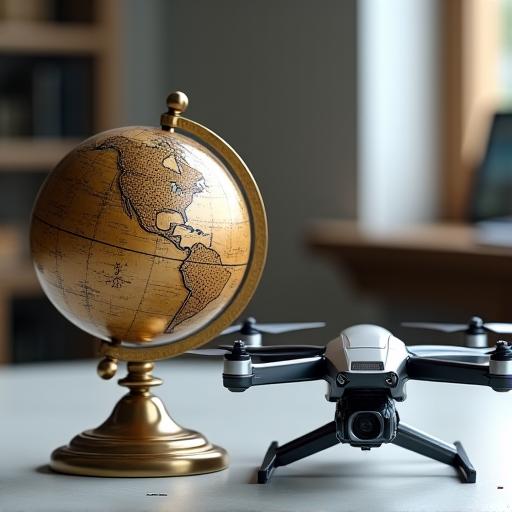 古い天球儀と最新のドローンが並んで置かれている様子